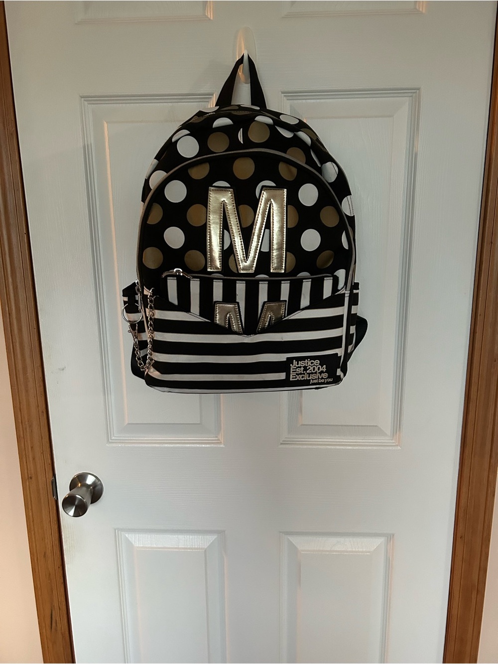 Justice Black, White & Gold Polka Dot Backpack with Metallic M